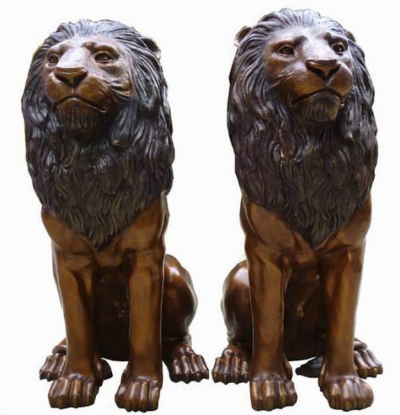Twin Bronze Lions Sculptures 49 Inches Tall